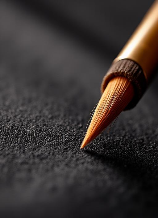 Close-up of a calligraphy brush touching a luxurious suiting fabric.