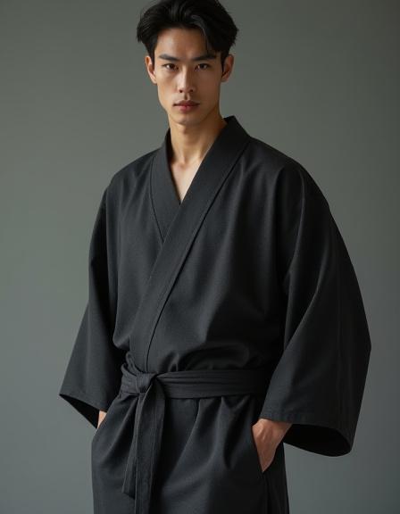 A man wearing a modern, stylish dark grey kimono.