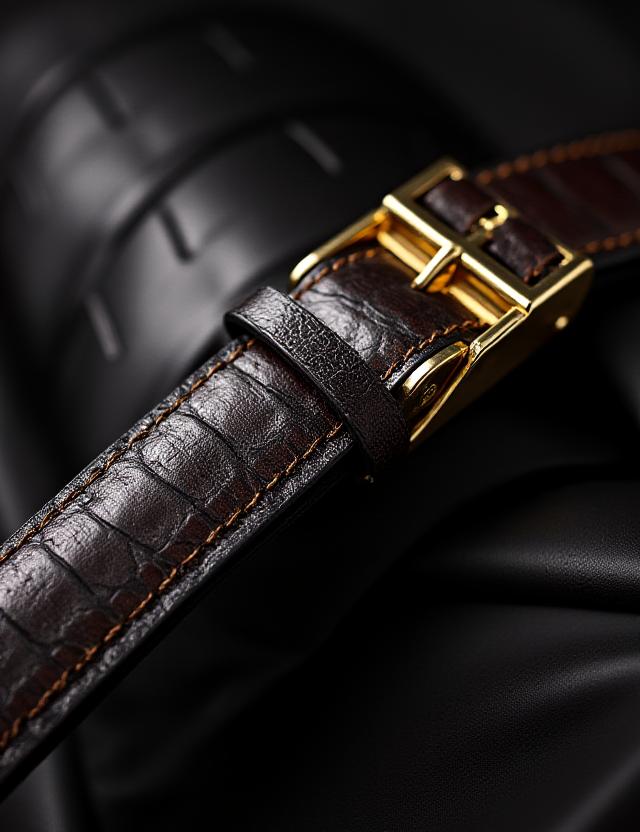 クロコダイルパターンの高級レザーベルト、金のバックル付き