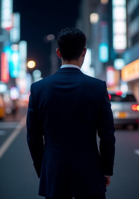 A man in a perfectly tailored Sekai Stitch suit in Ginza at night.